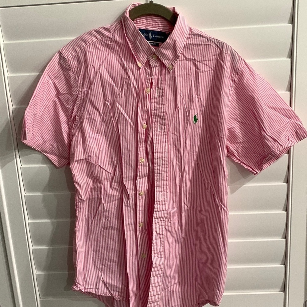Mens Ralph Lauren Pink and white pink stripe button down short sleeve shirt